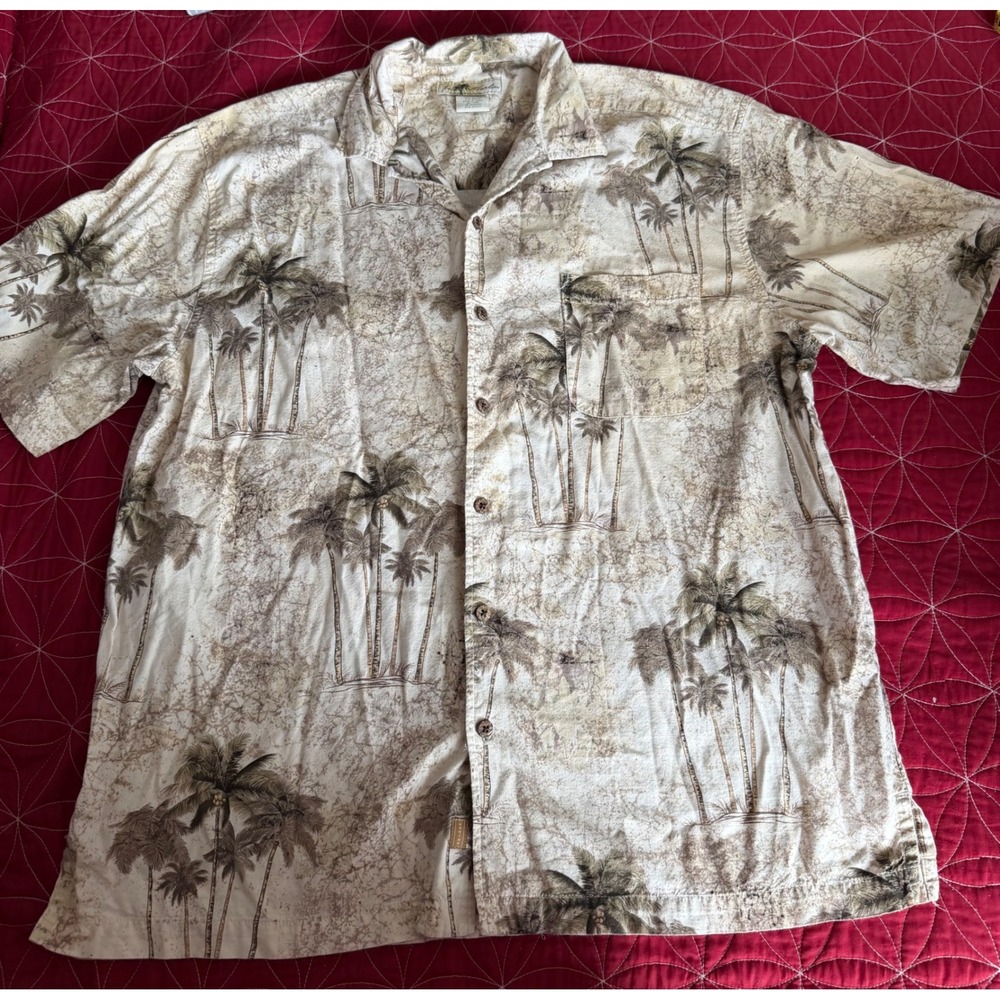 Joe Marlin Mens 2X Hawaiian Shirt Palm Tree Tropical Tan Brown Cotton Rayon SS